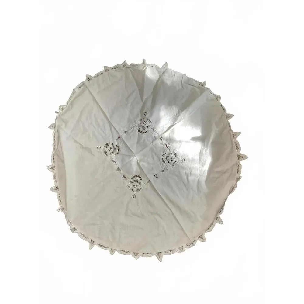 Round White  Embroidered Tablecloth with Lace Trim